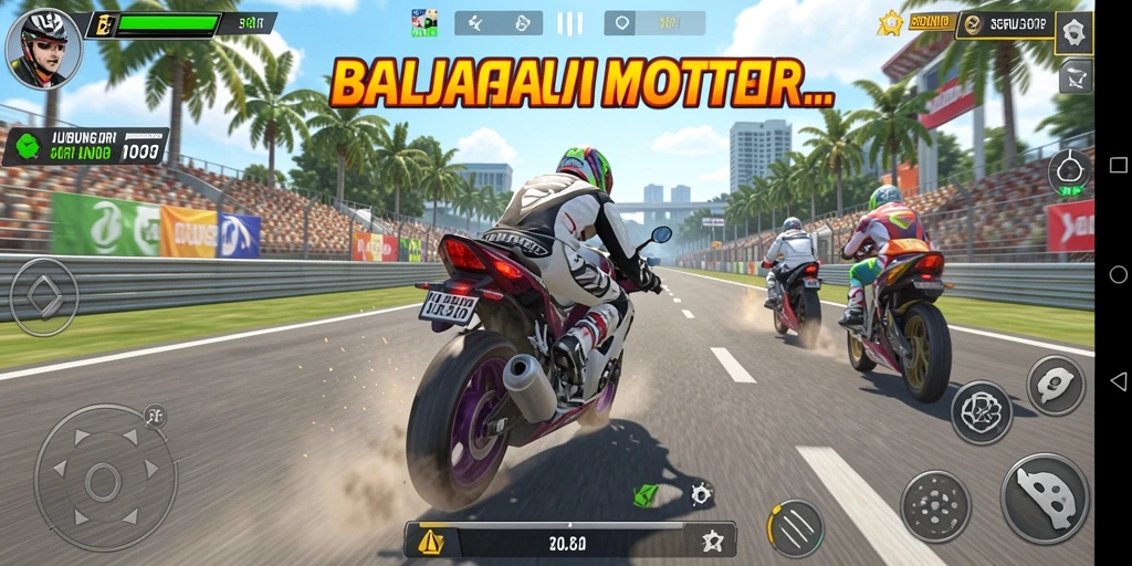 Screenshot menampilkan momen balapan intens dalam BONUSRP dengan motor cepat.