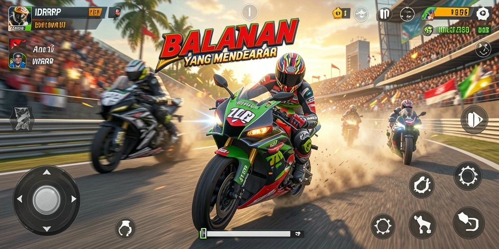 Screenshot utama IDRRP menampilkan aksi balapan motor yang energik.