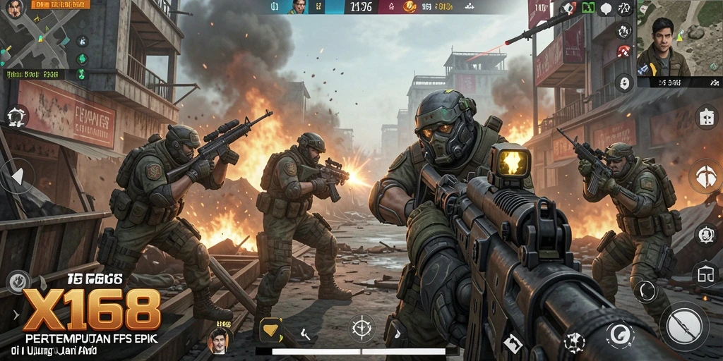 Screenshot gameplay X168 yang menunjukkan aksi tembak menembak yang menegangkan.